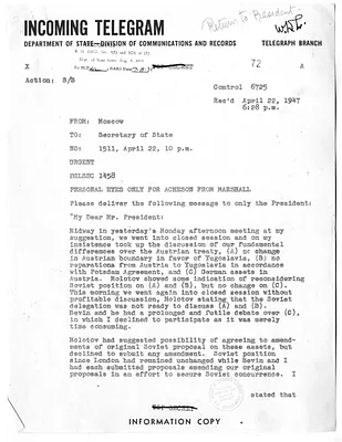 Telegram from Walter Bedell Smith to the Department of State