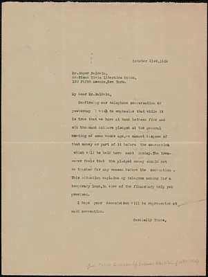 Felice Guadagni typed letter (copy) to Roger Baldwin, Boston, Mass., October 21, 1924
