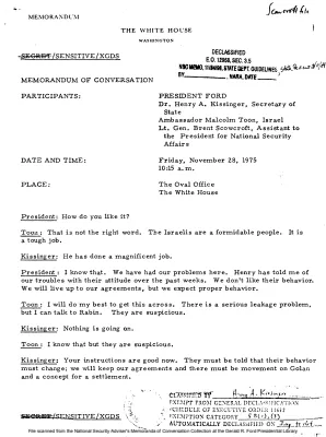 November 28, 1975 - Ford, Kissinger, Scowcroft, Ambassador Malcolm Toon (Israel)