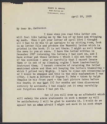 Sacco-Vanzetti Case Records, 1920-1928. Correspondence. Gardner Jackson to Mary D. Brite, April 1929. Box 41, Folder 47, Harvard Law School Library, Historical & Special Collections