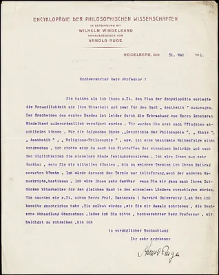 Ruge, Arnold, 1881-1945 typed letter signed to Hugo Münsterberg, Heidelberg, Ger., 31 May 1911