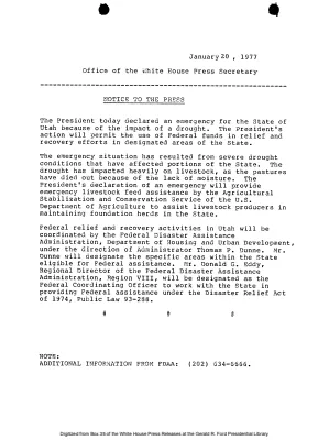 President declared an emergency for the State of Utah because of the impact of a drought. [Disaster Declaration]