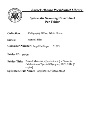 Printed Materials - [Invitation to] a Dinner in Celebration of Special Olympics, 07/31/2014