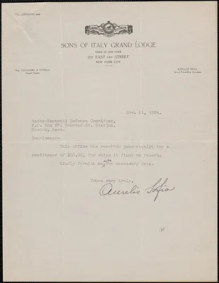 Aurelio Sofia (Sons of Italy Grand Lodge), typed note signed to Sacco-Vanzetti Defense Committee, New York, N.Y., November 21, 1924