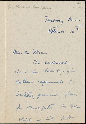 Marion D. Frankfurter autograph letter signed to Aldino Felicani, Duxbury, Mass., September 10, [1927]