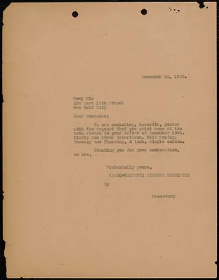 Sacco-Vanzetti Defense Committee typed letter (copy) to Novy Mir, Boston, Mass., December 22, 1923