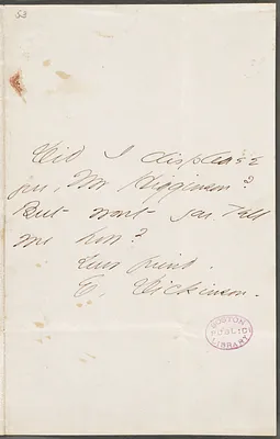 Emily Dickinson, Amherst, Mass., autograph note signed to Thomas Wentworth Higginson, 6 October 1862