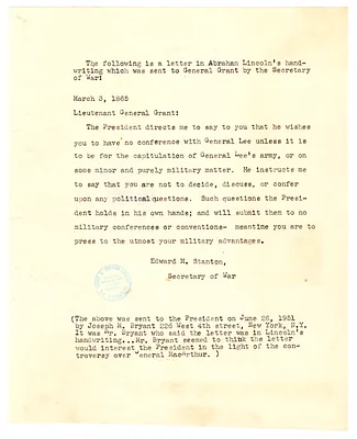 Correspondence Containing Message from President Abraham Lincoln to General Ulysses S. Grant