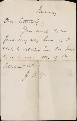 [John Biddulph Martin] autograph note signed (initials) to [Victoria Woodhull Martin], approximately 1883-1897