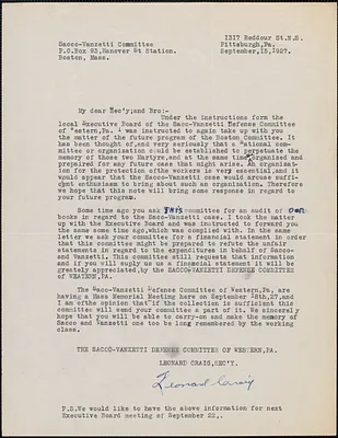 Leonard Craig (Sacco-Vanzetti Defense Committee of Western Pennsylvania) typed letter signed to Sacco-Vanzetti Defense Committee, Pittsburgh, Pa., September 15, 1927