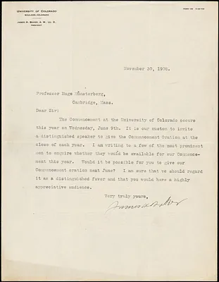 Baker, James Hutchins, 1848-1925 typed letter signed to Hugo Münsterberg, Boulder, Col., 30 November 1908