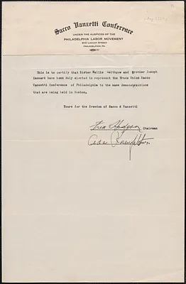 Fred Hodgson (Sacco Vanzetti Conference of Philadelphia) typed note signed, Philadelphia, Pa., [August 1927]