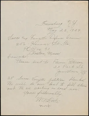 W. A. Little autograph note signed to Sacco-Vanzetti Defense Committee, Frewsburg, N.Y., May 22, 1927