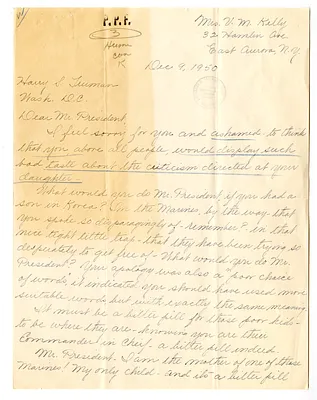 Letter from Mrs. Violet Kelly to President Harry S. Truman