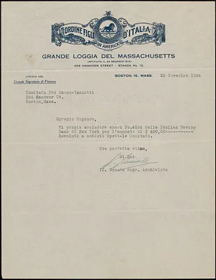 Vittorio Varriale (Ordine Figli D'Italia Grande Loggia del Massachusetts) typed note signed, in Italian, to Sacco-Vanzetti Defense Committee, Boston, Mass., November 25, 1924