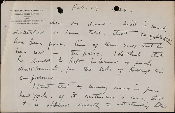 E[lizabeth] G[lendower] Evans autograph letter signed to [Fred H.] Moore, Brookline, Mass., February 29, 1924