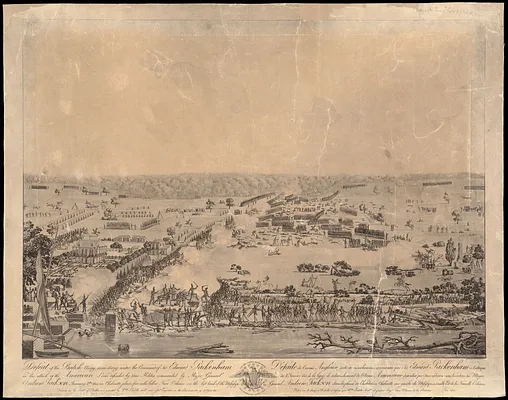 Defeat of the British army 12,000 strong under the command of Sir Edward Packenham in the attack of the American lines defended by 3,600 militia commanded by Major General Andrew Jackson January 8th 1815, on Chalmette plain, five miles below New Orleans on the left bank of the Mississipi