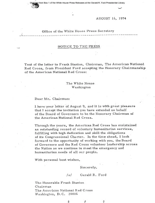 Letter to Frank Stanton, Chairman, The American National Red Cross, from President Ford accepting the Honorary Chairmanship of the American National Red Cross