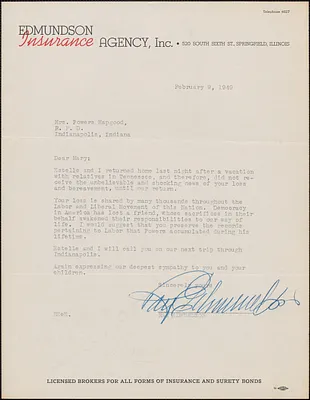 Ray Edmundson typed letter signed to Mrs. Powers Hapgood [Mary Donovan Hapgood], Springfield, Ill., February 9, 1949