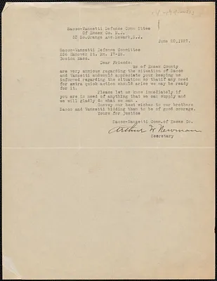 Arthur Newman (Sacco-Vanzetti Defense Committee of Essex County) typed letter signed to Sacco-Vanzetti Defense Committee, Newark, N.J., June 20, 1927
