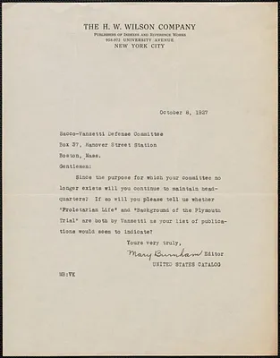 Mary Burnham typed letter signed to Sacco-Vanzetti Defense Committee, New York, N. Y., October 8, 1927