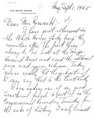 Letter from Harry S. Truman to Eleanor Roosevelt