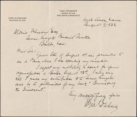 Edwin M. Borchard (Yale University) autograph note signed to Aldino Felicani, North Haven, Me., August 9, 1933
