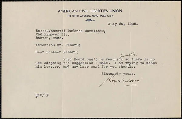 Roger N. Baldwin (American Civil Liberties Union) typed letter to Amleto Fabbri, New York, N.Y., July 20, 1925