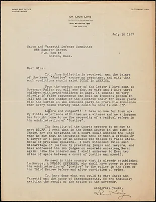 Louis Long typed letter signed to Sacco-Vanzetti Defense Committee, New York, N.Y., July 10, 1927