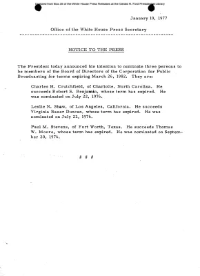President intends to nominate three persons to be members of the Board of Directors of the Corporation for Public Broadcasting [Position Appointments and Resignations]