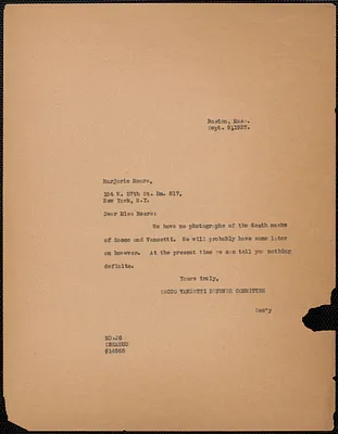 Mary Donovan (Sacco-Vanzetti Defense Committee) typed note (copy) to Marjorie Means, Boston, Mass., September 9, 1927