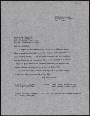Letter to John Abdallah requesting there be a Negro person appointed to Hanscom Air Force Base’s Housing Office