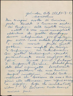 Augusto Gallina autograph letter signed, in Italian, to [Sacco-Vanzetti Defense Committee] Johnston City, Ill., August 25, 1921