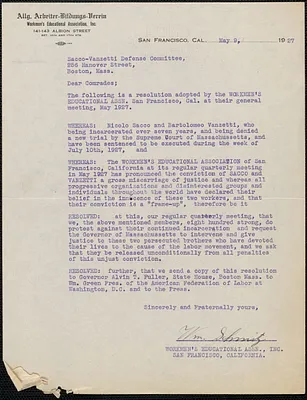 William Schmitz (Workmen's Educational Association, Inc.) typed resolution signed, San Francisco, Calif., May 9, 1927