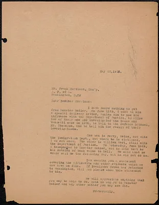 Sacco-Vanzetti Defense Committee typed letter (copy) to Frank Morrison (American Federation of Labor), Boston, Mass., May 22, 1926
