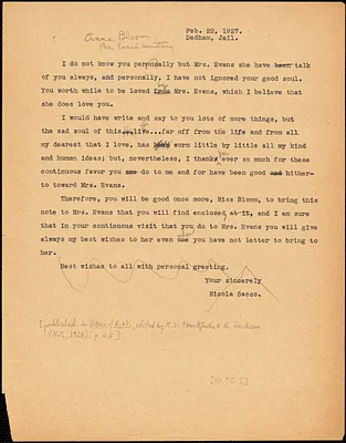 Nicola Sacco typed letter (copy) to Anna Bloom, Dedham, 22 February 1927