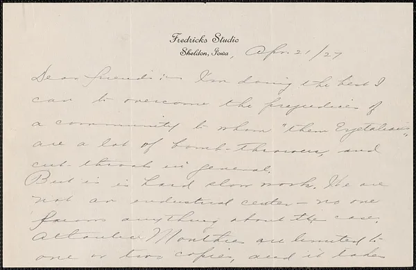 Lillian Whalley autograph note signed to Sacco-Vanzetti Defense Committee, Sheldon, Iowa, April 21, 1927