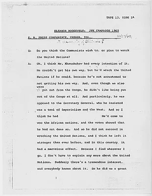 Press conference by Eleanor Roosevelt in Urbana, Illinois, 27 October 1960