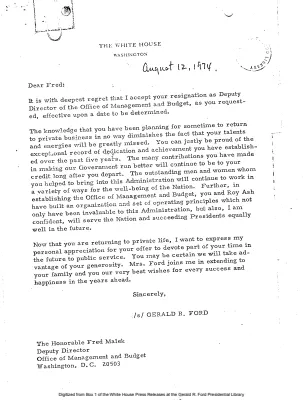 Response from President Ford to Frederick V. Malek Letter of Resignation