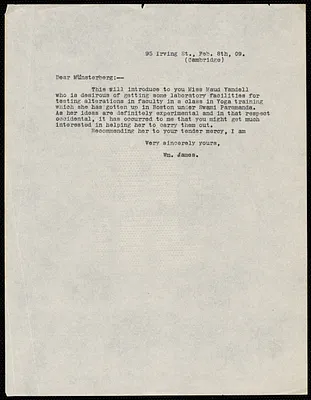 James, William, 1842-1910 typed letter signed to Hugo Münsterberg, Cambridge, Mass., 8 February 1909