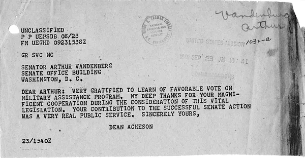 Telegram from Secretary of State Dean Acheson to Senator Arthur Vandenberg