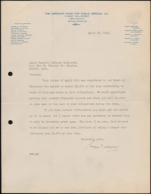 Roger N. Baldwin (The American Fund for Public Service, Inc.) typed letter signed to Sacco-Vanzetti Defense Committee, New York, N. Y., April 23, 1925