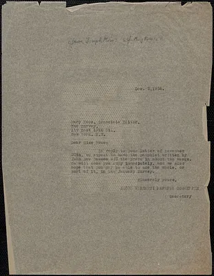 Joseph Moro (Sacco-Vanzetti Defense Committee) typed note (copy) to Mary Ross (The Survey), Boston, Mass., December 2, 1926