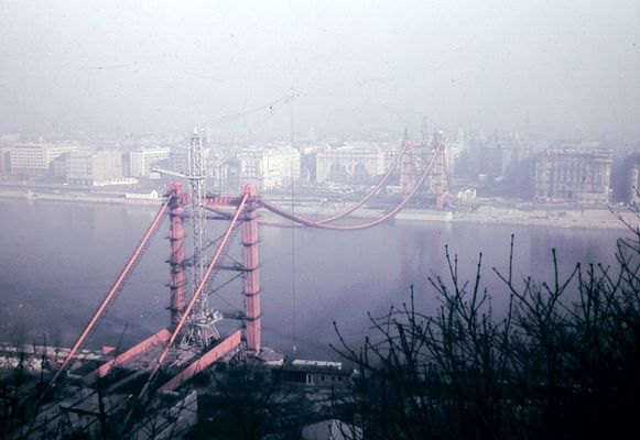 Construction of Erzsébet Bridge in Budapest