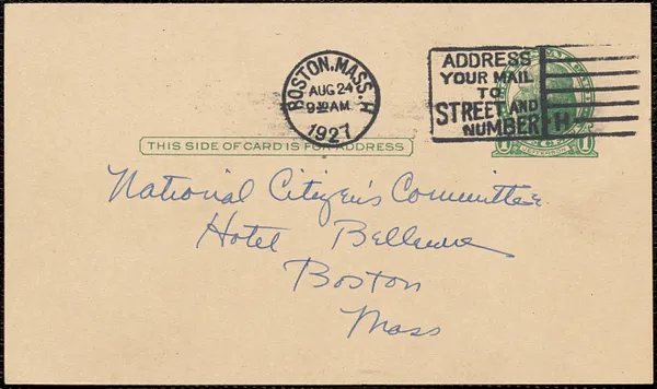 Paula Holladay autograph note signed (postcard) to [Citizens National Committee for Sacco and Vanzetti], Boston, Mass., August 24, 1927