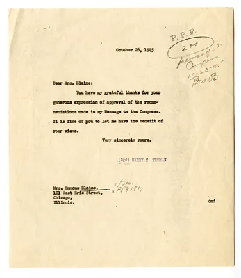 Correspondence Between Anita Blaine and President Harry S. Truman