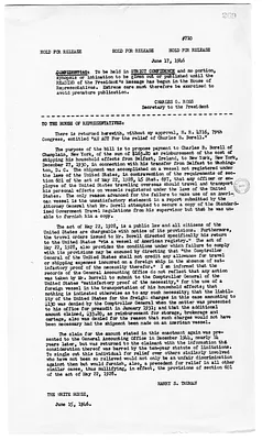 White House Press Release, Message of President Harry S. Truman to the United States House of Representatives