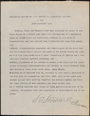S. A. Stockwell (Minneapolis (Minn.) Citizens) typed resolution signed (copy) to [Alvan T. Fuller], Minneapolis, Minn., May 10 [1927]