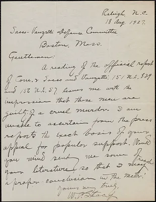 W. Stacy autograph letter signed to Sacco-Vanzetti Defense Committee, Raleigh, N.C., August 18, 1927