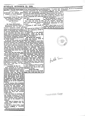 Newspaper Clipping, Baltimore Sun, "Secret Talks Her Dish"